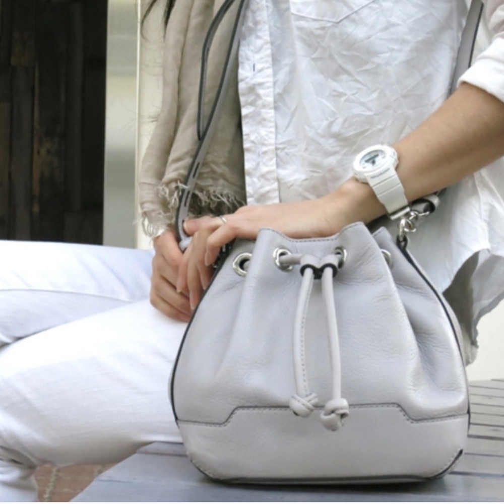 Rebecca Minkoff Fiona Grey Leather Mini Drawstring Bucket Bag